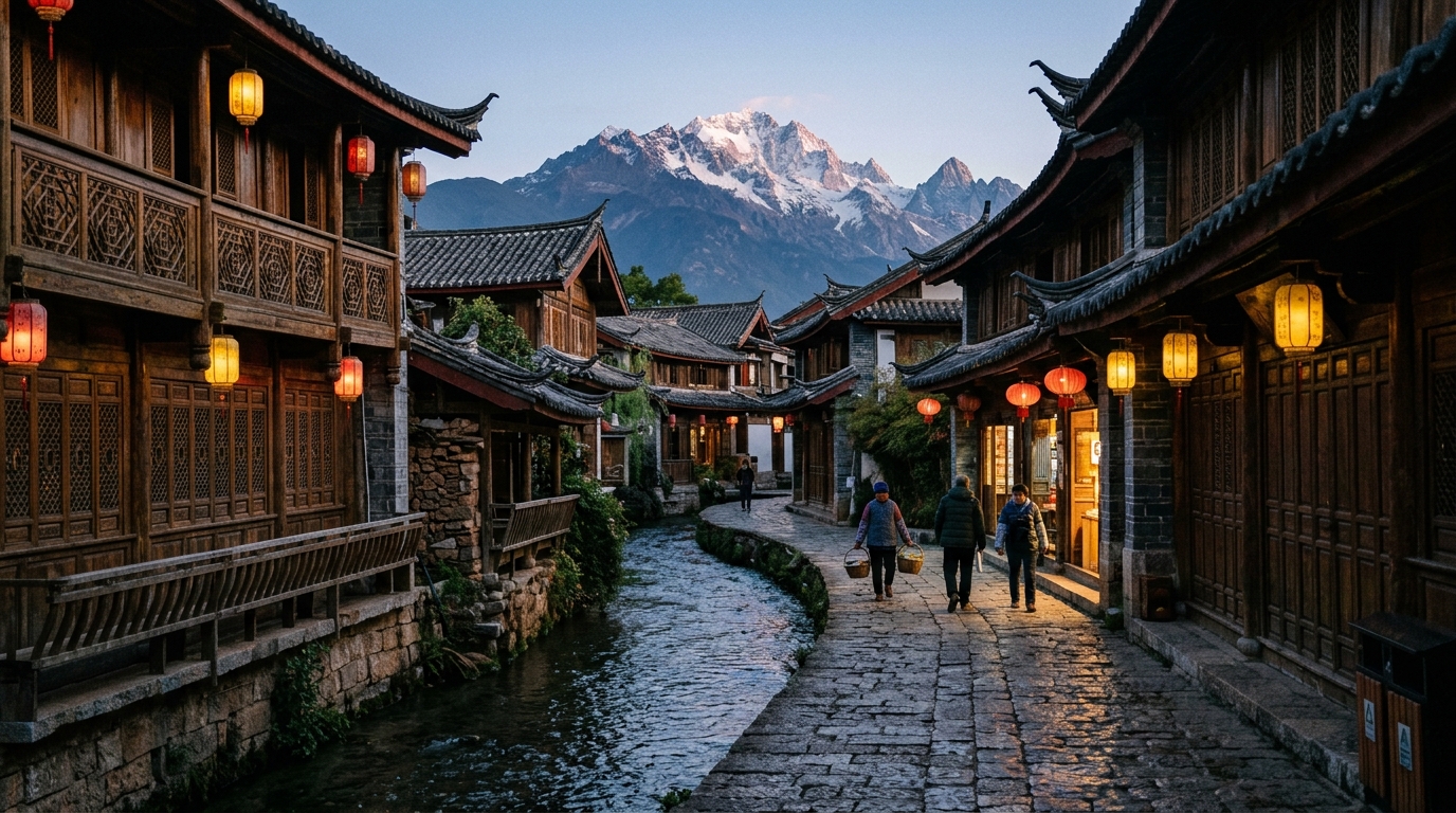 Lijiang Ancient Town Stream and Snow Mountain